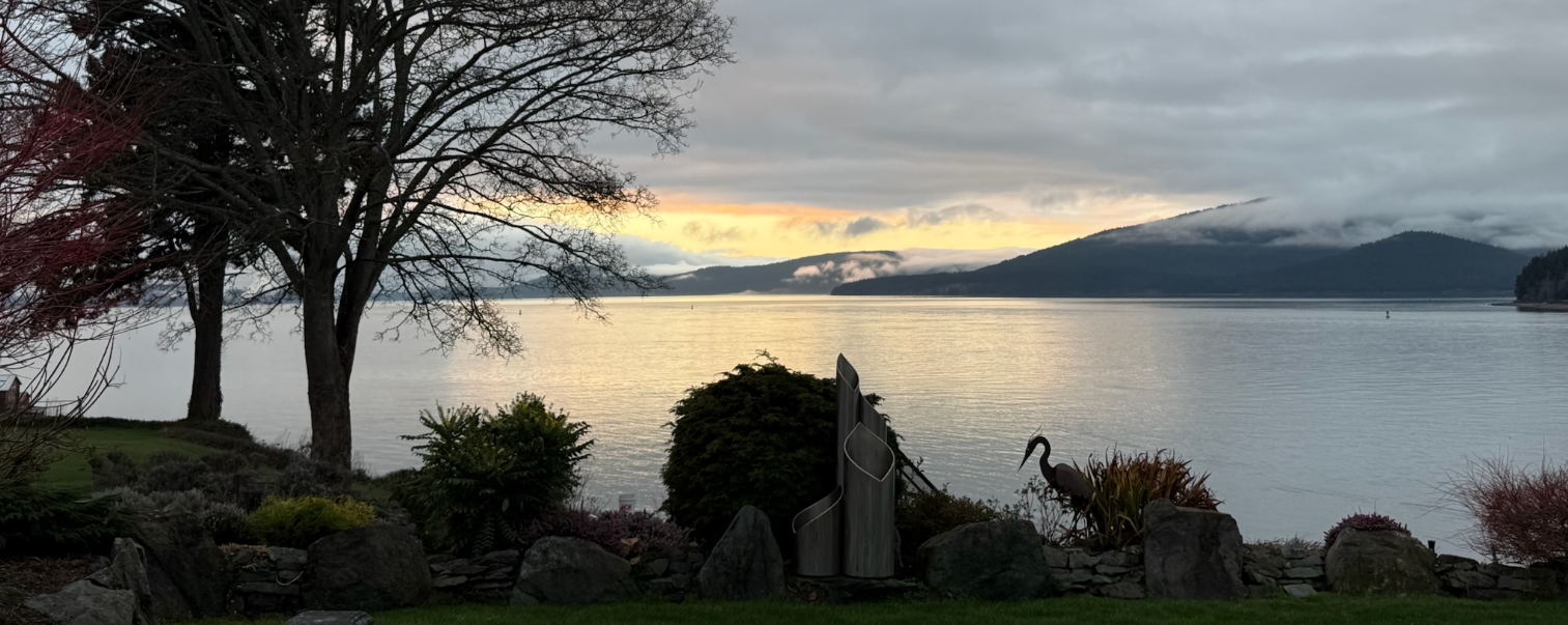 sunset over water with clouds and islands in the background and trees, bushes and a great blue heron in the foreground